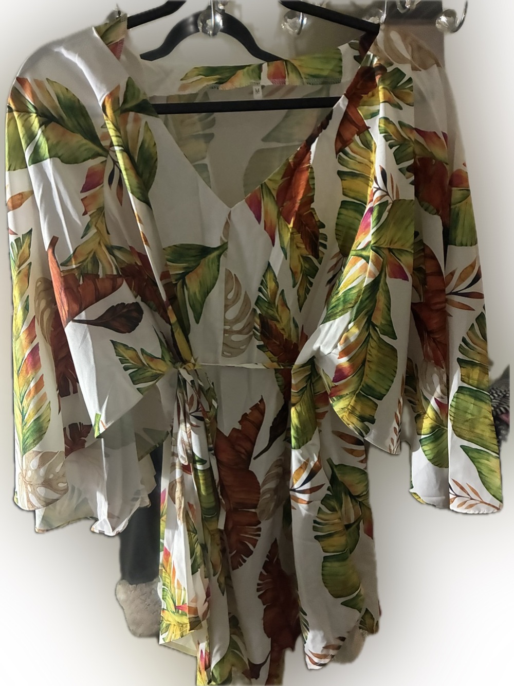 Women’s White Tropical Leaf Print Wrap Top